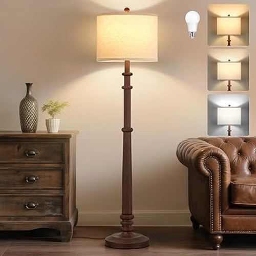 Floor Lamps for Living Room - 60" Resin Farmhouse Floor Lamp with Adjustable Color Temperatures - Vintage Standing Lamp Reading Light with Linen Shade Tall Lamp for Bedroom Office, Reddish Brown