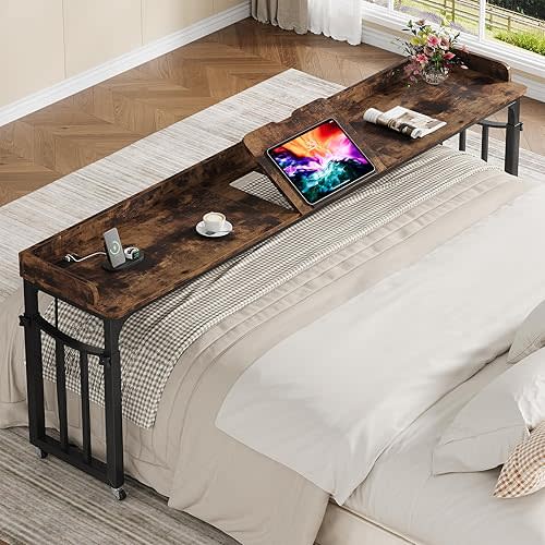 Overbed Table with Wheels and Height Adjustable, 87 inch King Size Bed Table with Adjustable Tilt Board, Mobile Laptop Cart Computer Desk with Outlets & USB Ports, Dark Brown