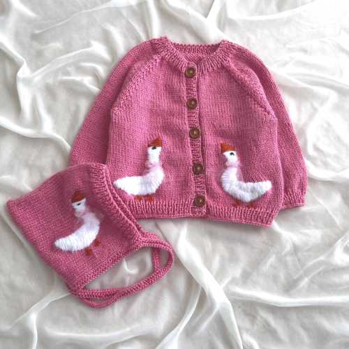 Goose Embroidered Baby Sweater Set: Hand-Knitted Bonnet & Cardigan