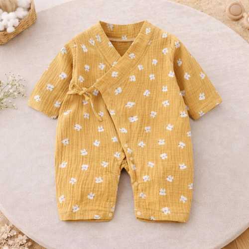 Muslin Kimono Baby Jumpsuit, Cotton Wrap Bodysuit for Newborns, Long Sleeve Romper, Unisex Baby Clothes, Infant, Onesie, Gauze