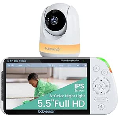 Babysense 5.5” 1080p Full HD Split Screen Baby Monitor, Video Baby Monitor with Camera and Audio, PTZ Camera, RGB Night Light, 1000ft Range, Two-Way Audio, 4X Zoom, 5000mAh Battery