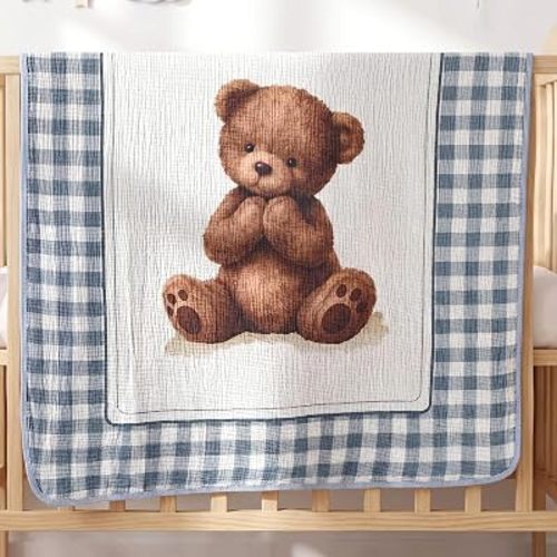 Bear Muslin Baby Blankets for Girls Boys, 100% Cotton Crib Blanket for Infant Toddler, 40 x 36 Inch Soft and Lightweight Nursery Swaddling Wrap