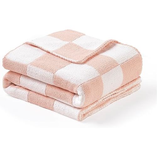 CREVENT 30"X40" Cozy Soft Warm Chenille Baby Blanket for Girls Boys, Newborn Essentials for Infant, Baby Shower Receiving Gift - Checked Pink 75X100cm