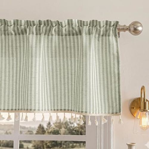 Jilron Linen Curtains Valance, Farmhouse Stripe Design for Kitchen Window - Single Panel Decorative Short Curtains with Light Filtering & Easy Installation-Green Stripes(W 52*L 18in-1-Panel)