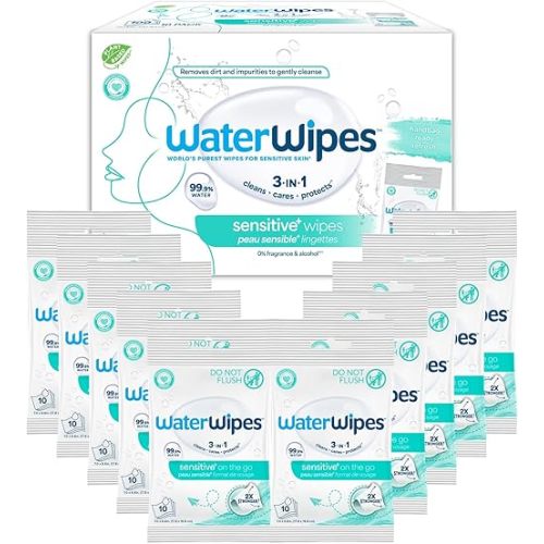 WaterWipes Beauty Sensitive+ On-The-Go Facial Wipes, 99.9% Water, Unscented Hypoallergenic Face Cleanser Wipes for Sensitive Skin, Double Cleanse & Skincare Routine, 100ct, (10 Packs)