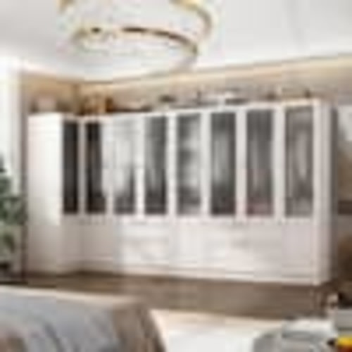 FUFU&GAGA Light Oak Wood 129.9 in. Bedroom Armoire with Corner Cabinet, Frosted Glass Doors and Multiple Hanging Rods Z-020386+7+410