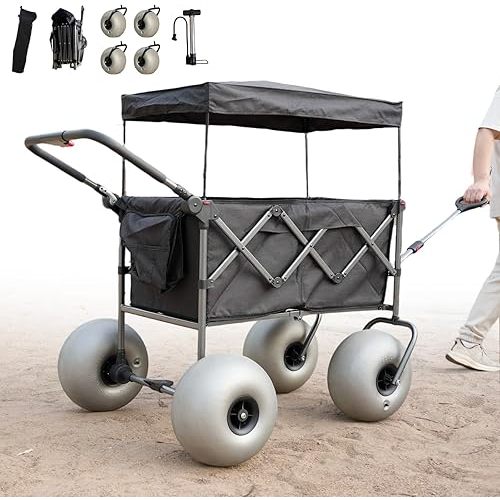 Stroller Wagon with Big Balloon Wheels for Sand, Folding Pull Push Cart with Removable Canopy, 13'' Inflatable Tires, Pump Included