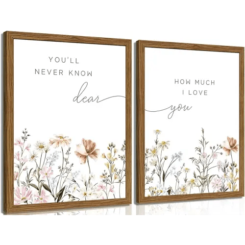 Wood Framed Wildflower Nursery Wall Art Set of 2, Boho Flower Botanical Wall Decor Paintings, Baby Girl Nurseries Pictures Posters Prints for Nursery Baby Room Bedroom Home Decoration 12x16 Inch