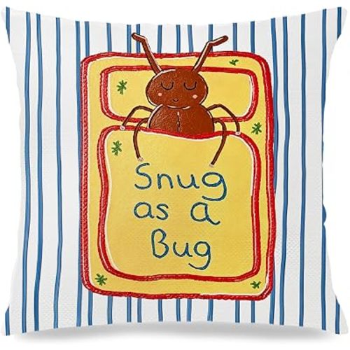 Funny Trendy Decorative Throw Pillow Covers 18x18 for Bedroom Bed, Striped Blue and Pink Teen Boys Girls Kids Bedroom Dorm Decor,Cozy Cute Snug as A Bug in a Rug