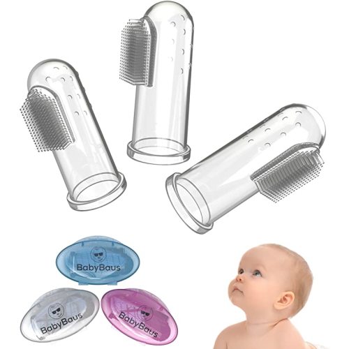 BabyBaus: Baby Finger Toothbrush | Easy Oral Hygiene for Kids, Toddlers, Babies and Pets | Soft, Massaging Bristles, Ergonomic Design – Set of 3, with 3 Cases in Blue, Pink, Clear