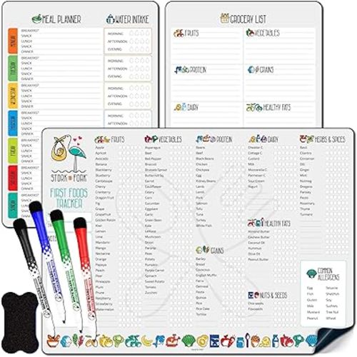 Baby First Food Tracker, Magnetic Meal Planner, Fridge Grocery Shopping List Chart (3 in 1) - Dry, Erase Menu Planner, Strong Stickiness on Refrigerator - 11.6”x8.2”, Gray- Baby's Led Weaning Supplies