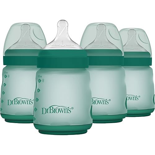 Dr. Brown's Silicone Baby Bottle with Collapsible Insert Designed to Reduce Colic, 5 oz with Wide-Neck Level 1 Slow Flow Nipple, 0m+, Green, 4-Pack