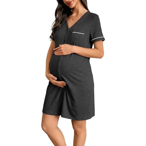 BLENCOT Women’s Labor and Delivery Night Gown for Maternity Short Sleeve V Neck Open Front Shirt Dress with Buttons