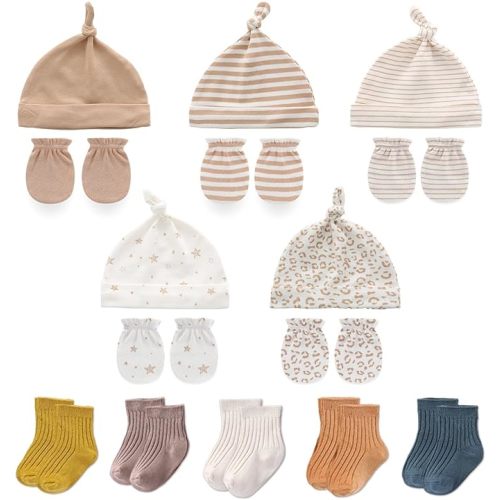 Baby Boy Girl Cotton Hat Mitten Sock Set 15 Pack Infant Essential Accessories for 0-6 Months
