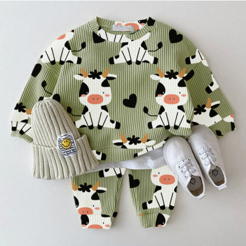 Baby Waffle Cute Dairy Cow Sweatshirt 2-piece Set