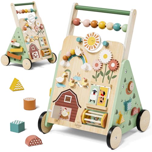 Lehoo Castle Wooden Baby Walker, Adjustable Speed Montessori Walker with Activity Center for Boys Girls, Baby Push Walker Toys for 1 Year Old Learning to Walk