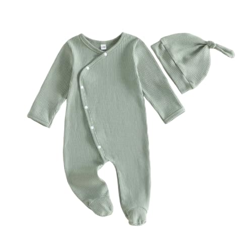 Kuriozud Newborn Baby Boy Going Home Outfit Kimono Romper with Mitten Cuffs | Kimono Footed Romper Jumpsuit with Mitten Cuffs Beanie Hat, Snap Closure, for Hospital, Coming Home, Shower Gift, Photoshoot