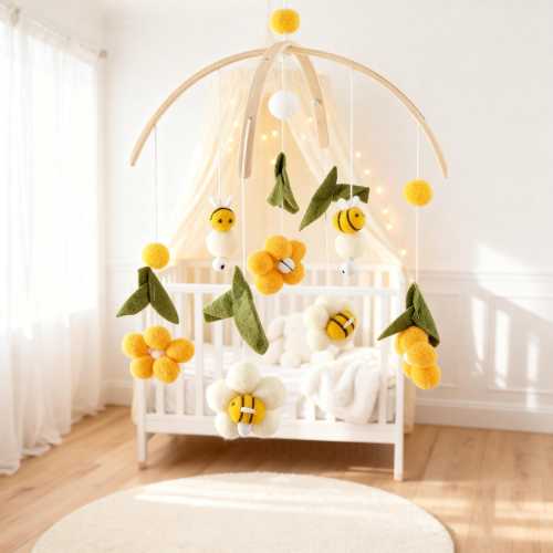 Felt Bee and Flower Baby Mobile, Yellow Garden Crib Decor