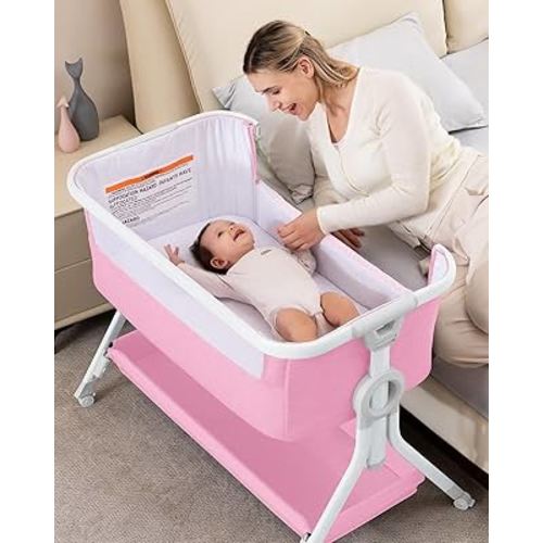 Larex Baby Bassinet Bedside Sleeper Crib Co Sleeper for Newborn Infant Toddler with Mosquito Net, Storage Bag & Basket, 5-Height Adjustable, Movable Wheels, Breathable Mattress & Mesh (Pink)