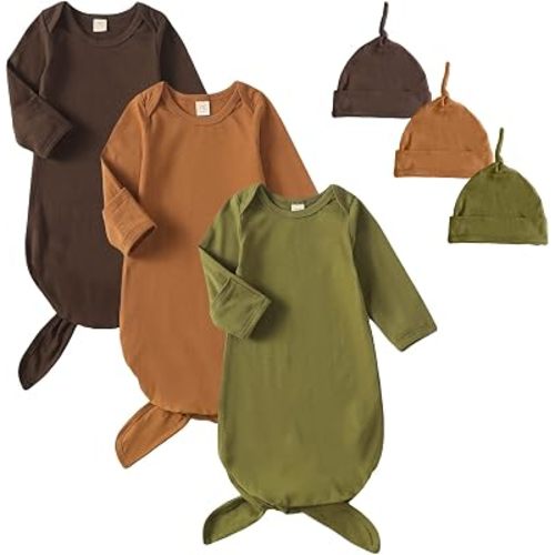 OPAWO Newborn Baby Knotted Gowns with Mitten Cuffs and Hat Baby Sleeper Gowns Coming Home Outfit for Baby Boy Girl 0-6 Months