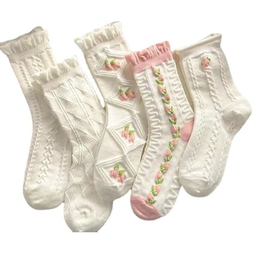 5 Pairs White Cute Socks, Women's Lace Ruffles Ankle Casual Sock, Cottagecore Breathable Socks, Floral Crew Socks