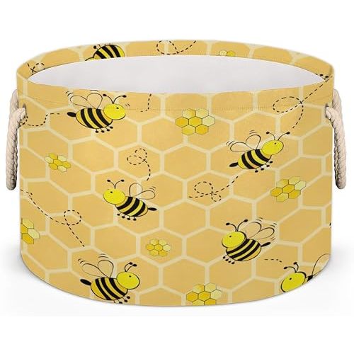 Cute Yellow Bee Large Storage Basket Honeycomb Bee Round Laundry Basket with Handle Organization Collapsible Storage Bins Box Hamper for Kids Toy Clothes Nursery Bedroom Living Room Decor