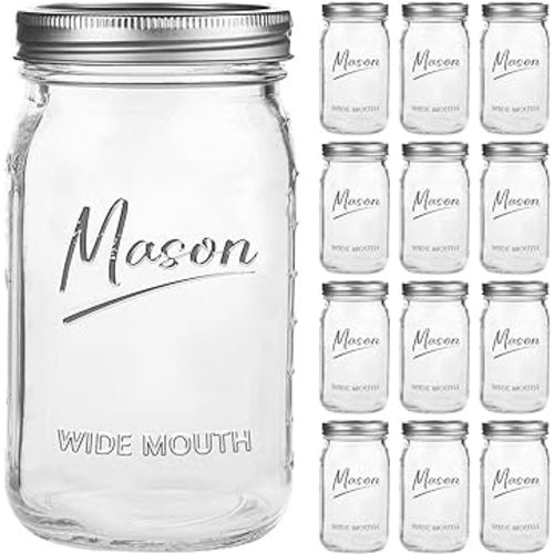 Mason Jars 32 oz,12 Pack Quart Wide Mouth Mason Jar With Airtight Lids,Glass Canning Jars for Fermenting, Pickling,Meal Prep,Overnight Oats & Centerpieces