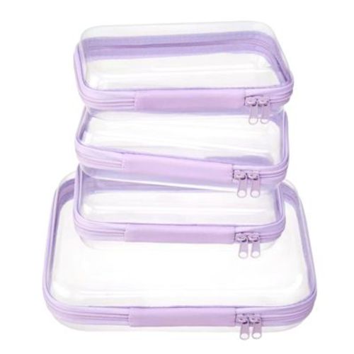 Narwey 4 pcs Clear Zipper Pouches,Hard Shell Zipper Case, Toy Storage Bins (M+3S) (Lavender)