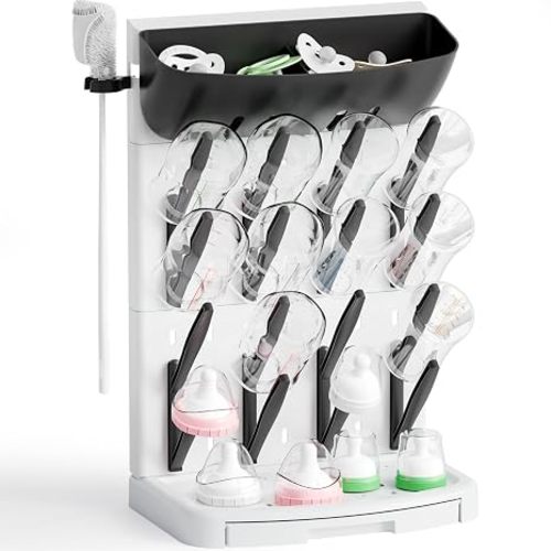 SuoXing Vertical Baby Bottle Drying Rack with Brush- Hold 16 Bottles - Large Breast Pump,Bottle Dryer Rack for Kitchen Countertop,Space Saving Bottle Stand Holder for Pacifiers,Pump Accessories,Black