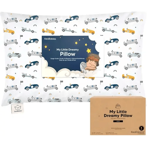 KeaBabies Toddler Pillow with Pillowcase, Jumbo 14X20 - Soft Organic Cotton Toddler Pillows for Sleeping - Machine Washable - Perfect for Travel, Toddler Bed Set (Racecars)