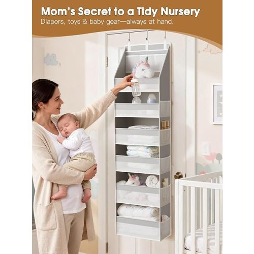 Criusia Over The Door Organizer, Heavy-Duty 6-Shelf Hanging Storage with 13 Mesh Pockets, 55lbs Capacity Behind The Door Storage for Nursery, Bathroom, Bedroom, and Dorm, Grey