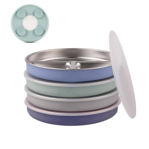 Elk and Friends Stainless Steel Divided Plates with Silicone Sleeve for Babies & Toddlers | Lids Included | Stay Put Suction | Dinner & Snack Plates | 4 Pack