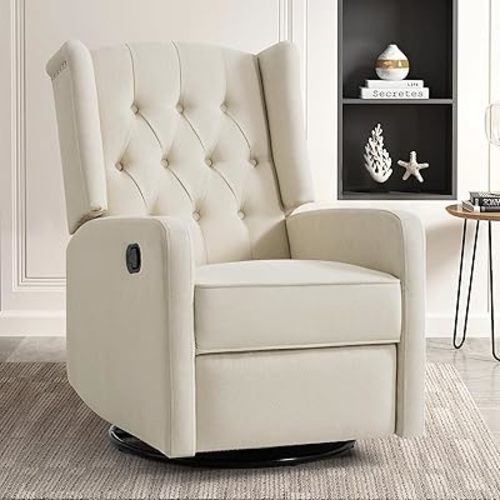 360 Swivel Rocker Recliner Chair for Adults, Nursery Chair for Small Spaces Living Room, Upholstered Fabric Glider Recliner, Lvory