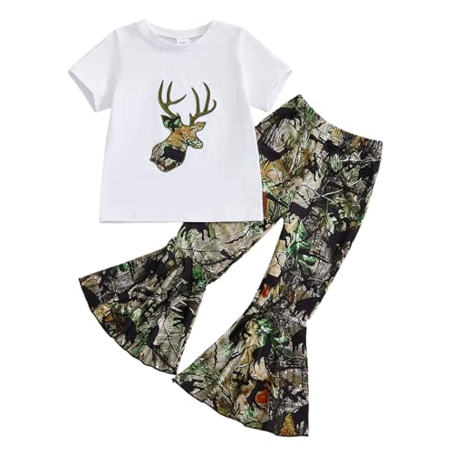 GOOCHEER Toddler Baby Girl Summer Outfit Deer Duck Hunting Short Sleeve T-Shirt Tops Camouflage Flare Pants 2Pcs Clothes Set