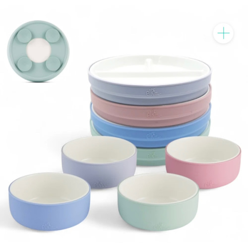 Kids Porcelain Mealtime Bundle | Suction Sleeves | 7.8" Plates + Bowls | 8 Pcs | Blush/Lilac/Sage/Misty Blue