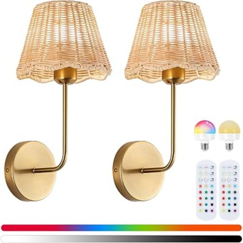Battery Operated Wall Sconces Set of 2, Rattan Shade, Gold, 18.5in