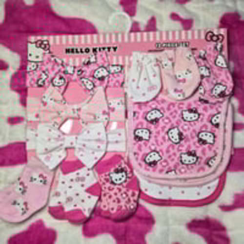 12-Set Hello Kitty Pink Leopard Mittens,Bibs,Socks,Headband bows - New, see desc
