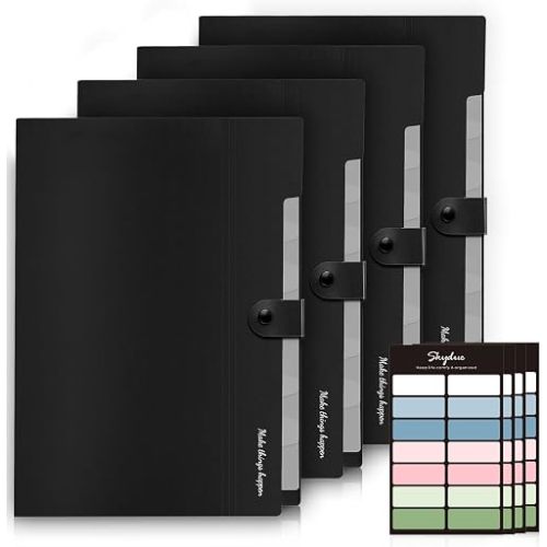 SKYDUE Expanding File Folders with Labels,8 Pockets Accordion File Organizer, Portable Document Paper Organizer, A4 Letter Size Filing Folder for Office, Pack of 4, Black