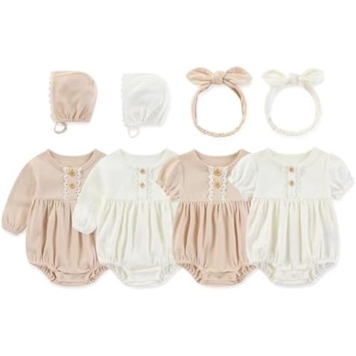 Newborn Baby Girl Clothes Cotton Bubble Rompers Infant Outfit Floral Long Short Bodysuit, 4 Pack