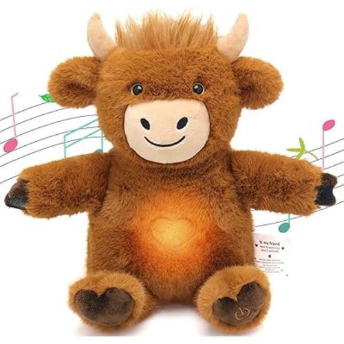Breathing Highland Cow Stuffed Animal with Light & Sound, Soothing Brown Cow Plush Doll Realistic Farm Animal Toys for Sleeping, Comforting Birthday for Kids Baby