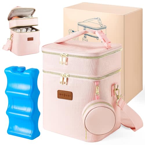 Breastmilk Cooler Bag with Ice Pack & Pacifier Case, Large Double Layer Insulated Baby Bottle Cooler Fits 6 Bottles, Breast Pump Storage Bag for Working Nursing Moms, with Gift Box