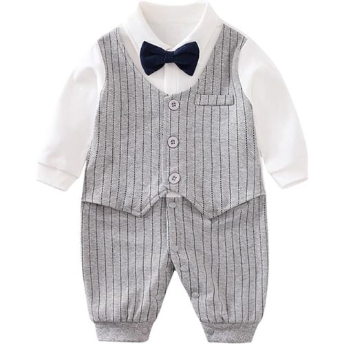 HUAANIUE Newborn Baby Boy Gentleman Romper Tuxedo Suit Outfit 0-24 Months | Faux-vest silhouette,bow tie,Decorative button front,Machine washable,Wedding church birthday photos