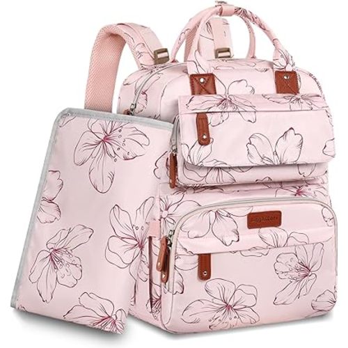 Diaper Bag Backpack, Large Diaper Backpack with Portable Changing Pad, Baby Diaper Bags for Girls, Multifunction Floral Travel Backpack for Moms Dads with Insulated Pockets and Stroller Straps