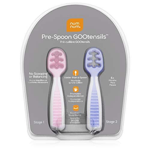NumNum Pre-Spoon GOOtensils | Baby Spoon Set (Stage 1 + Stage 2) | BPA Free Silicone Self Feeding Toddler Utensils | For Kids Ages 6 Months+, 1-Pack, Two Spoons, Frosty Lilac/RoseBud