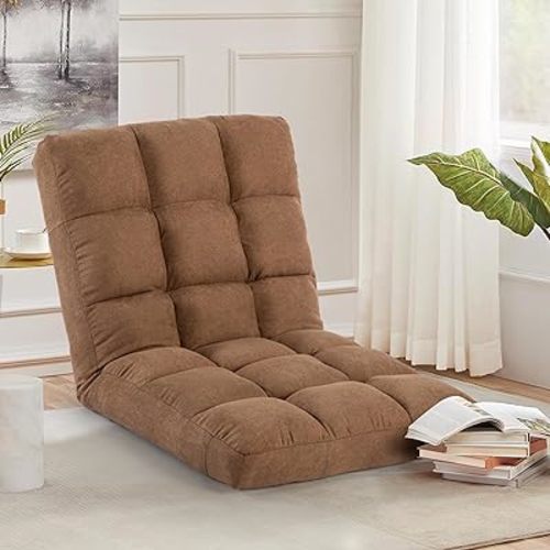 Floor Chair, 24 inches Wide Oversized Velvet Armless Lay Flat Floor seat Padded Meditation Chair with 6 Adjustable Position Ergonomic Comfortable Convenient (Casual, LRSF-006-TAN)