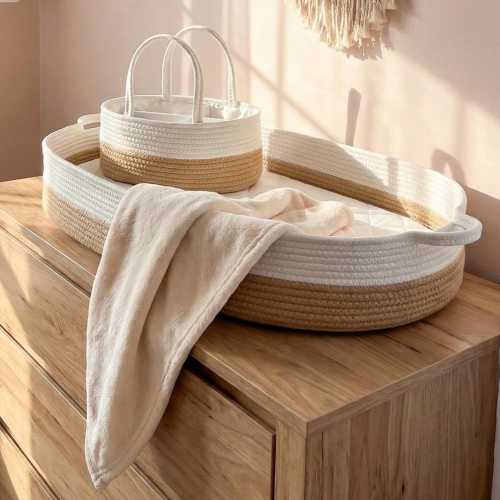 Hand-Woven Baby Changing Basket Gift Set: Includes Pad, Caddy & Blanket