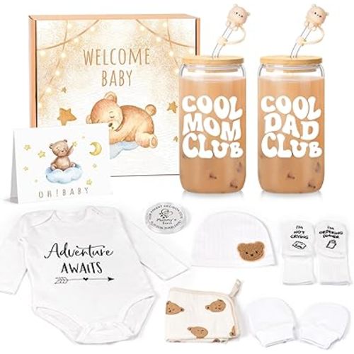 New Parents Gifts for Couples, Gender Reveal Gift for First Time Parents to Be, Unique Baby Shower Gifts with New Mom and New Dad Glass Cups, Pregnancy Announcement Basket for Expecting Mom