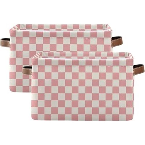 Emelivor Checkerboard Pink Storage Basket Bins Decorative Laundry Basket Organization with Handles for Home Women Men Office Closet Shelf Baskets,2 pcs