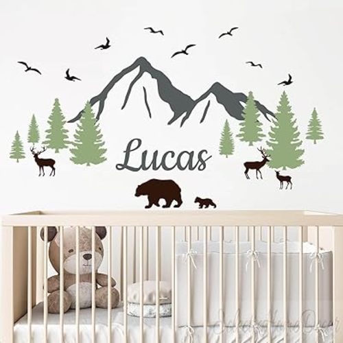Custom Name Mountains Wall Decal Nursery Boho Theme Wall Sticker Wall Art Bear Trees Wall Decor Kids Wall Removable Vinyl