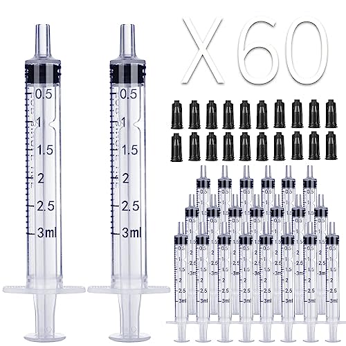 3ml Syringe Without Needle - 3 ml Small Plastic Syringes Sterile Individually Packed with Cap for Lab Medicine Student Measuring Liquid and Pet Dog Cat Baby Feeding Oral Colostrum ( 60 Pack 3cc /ml )